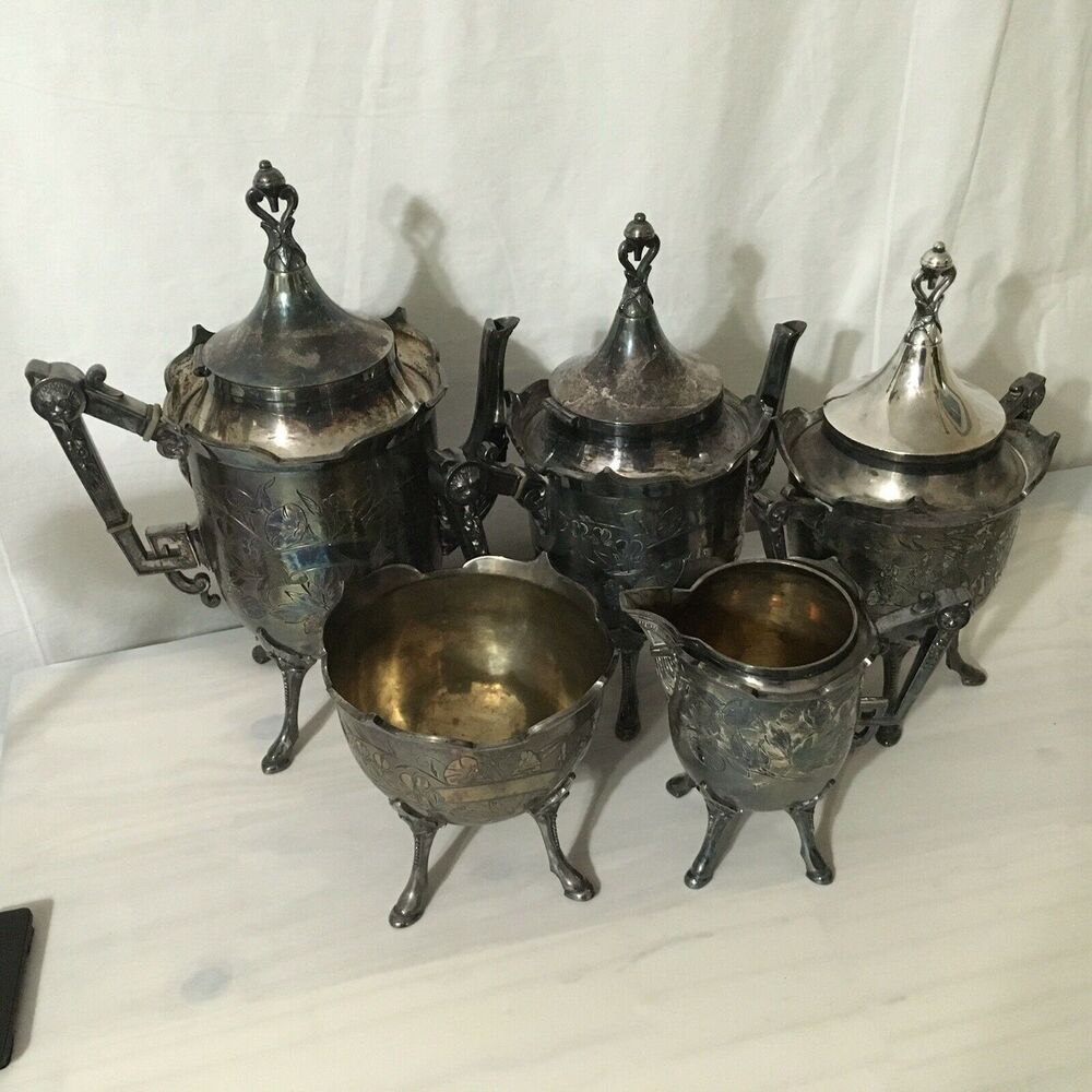 Antique Wilcox Quadruple Silver Plate Tea Set wSlop Bowl - Aesthetic Era Design